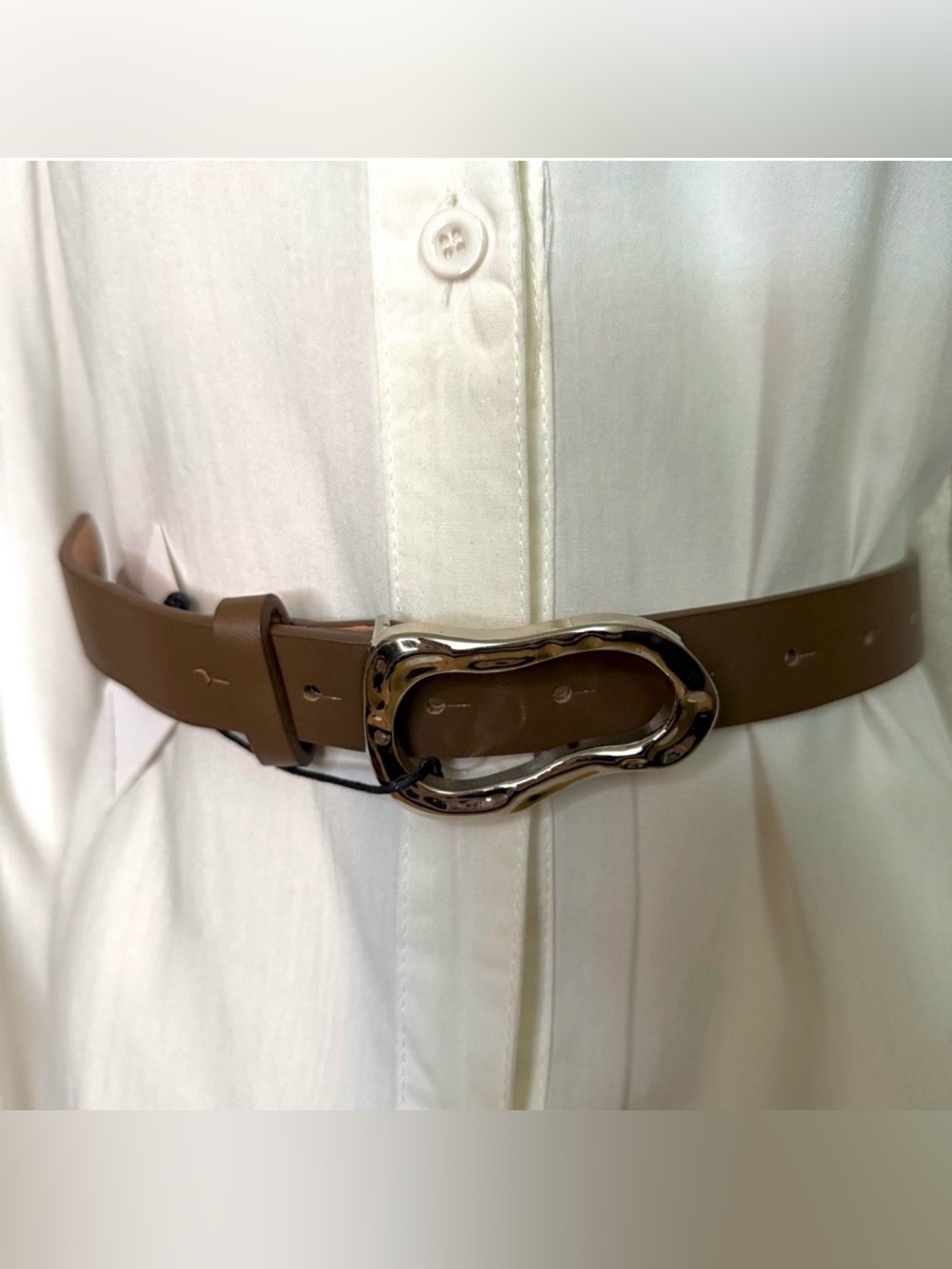 Brown PU leather silver tone buckle skinny belt